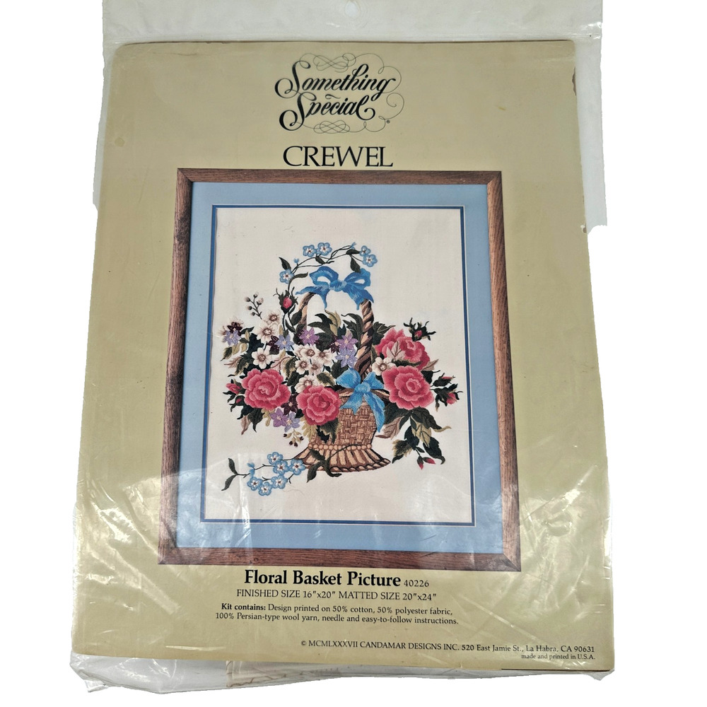 Vtg 1987 Something Special Floral Basket Crewel Picture 40226
